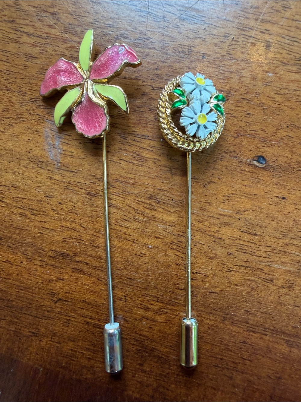 Lot of 2 Vintage Floral Enamel Stick Pins - Pink, White & Lime Green